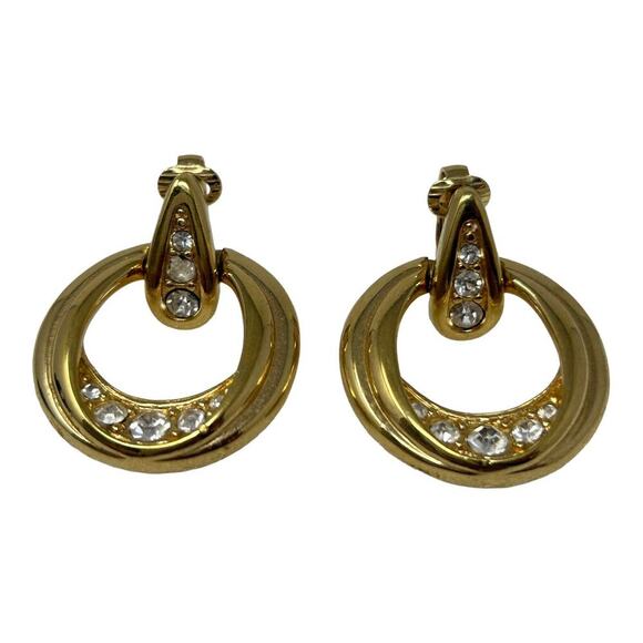 Swarovski Swan Logo Crystal & Gold Tone Dangle Hoop Clip Earrings Minimalist - Picture 7 of 16